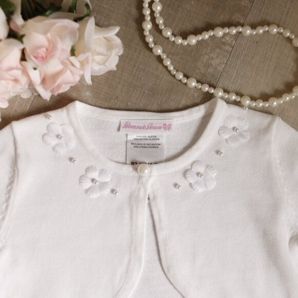Girls Cotton White Sweater Cardigan Shrug Bolero Pearls Floral Appliqués NWT - Picture 2 of 3